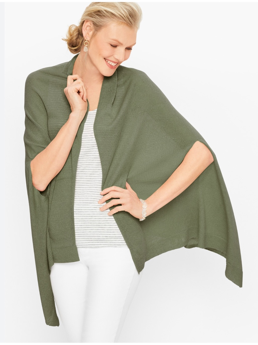 Talbots NWT Kelly Green Open-Front Knit Linen Ruana Wrap. Minimalist. Lagenlook